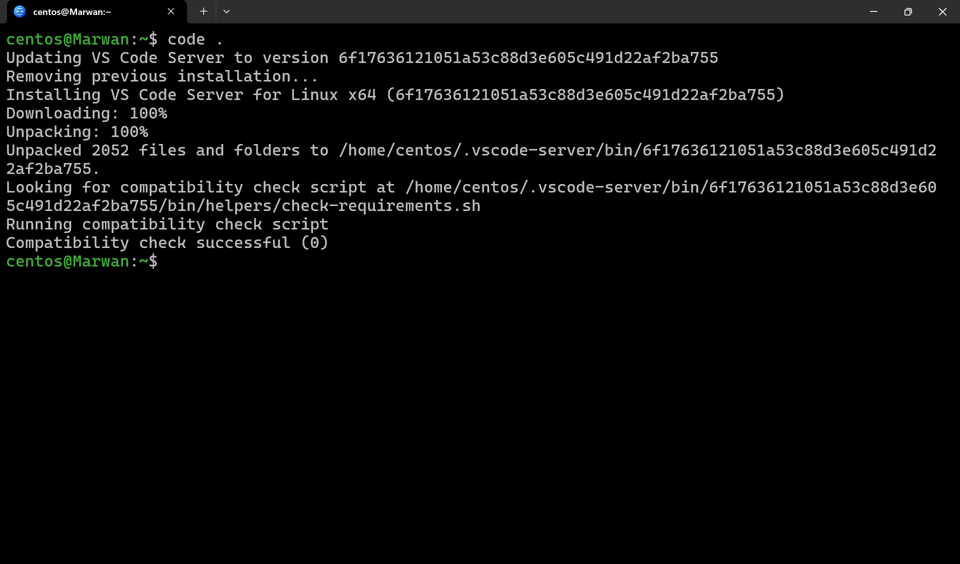 WSL terminal running code ., showing VS Code Server install and compatibility check