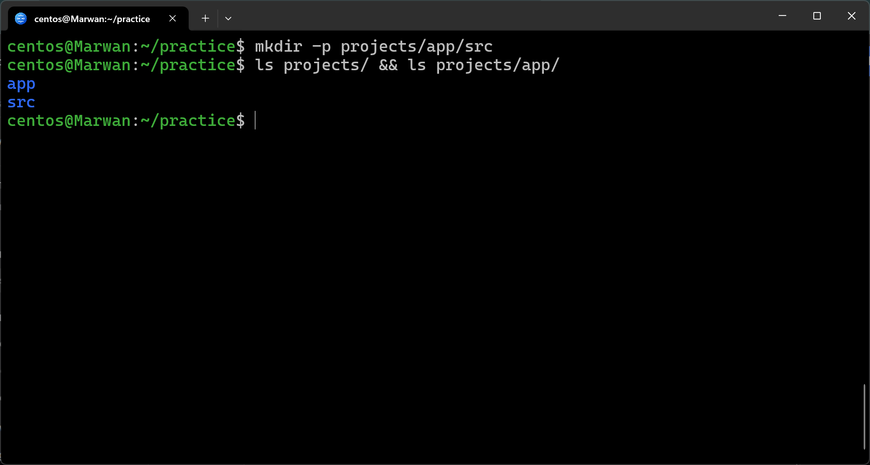 Terminal showing nested directories created with mkdir -p and verified with ls