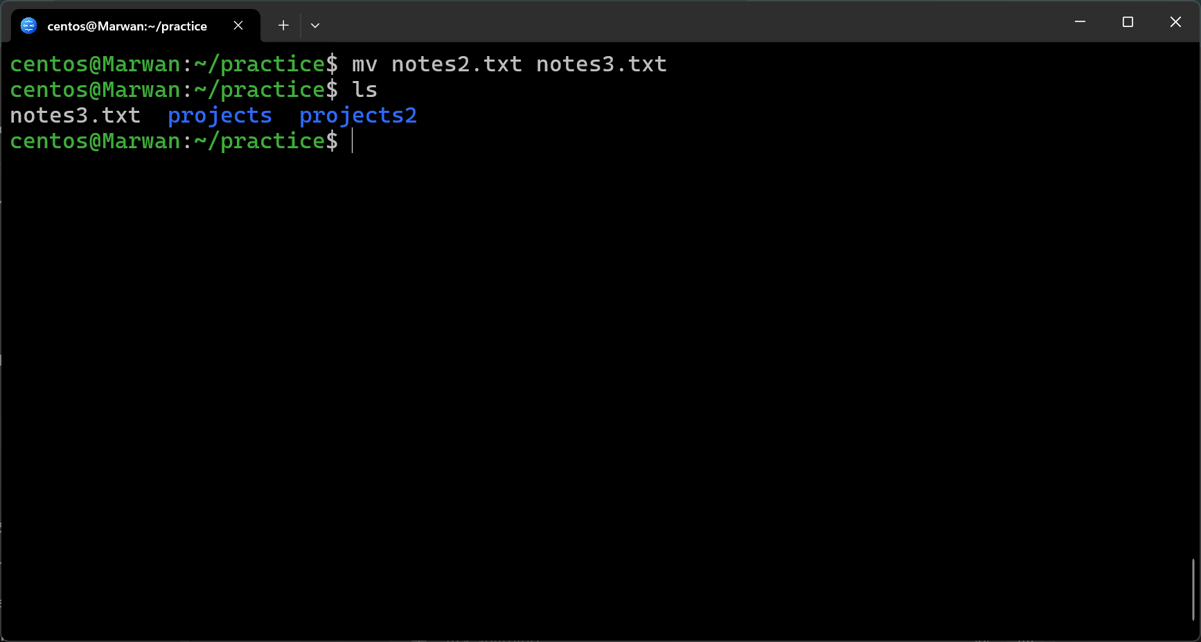 Terminal showing rename of notes2.txt to notes3.txt confirmed by ls