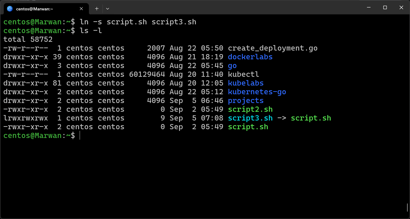 Terminal creating file symlink showing arrow link in ls -l output
