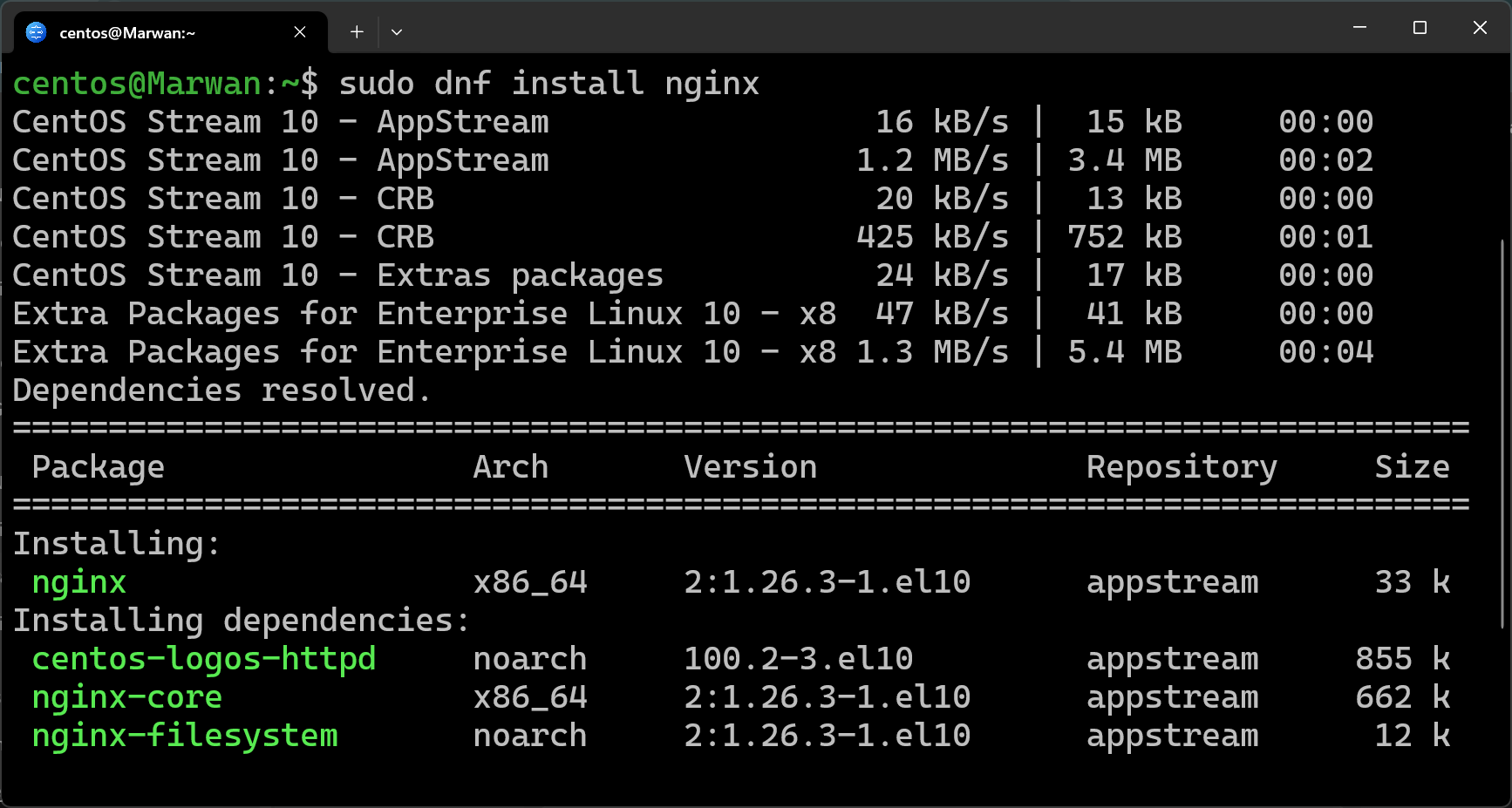 CentOS terminal running sudo dnf install nginx, showing resolved dependencies table
