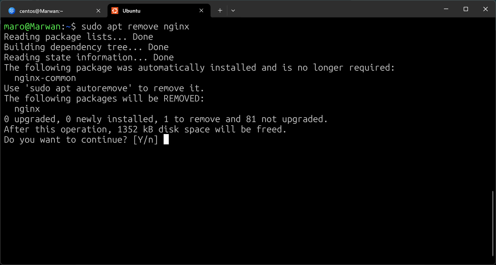 Terminal showing sudo apt remove nginx listing packages to remove and asking to continue
