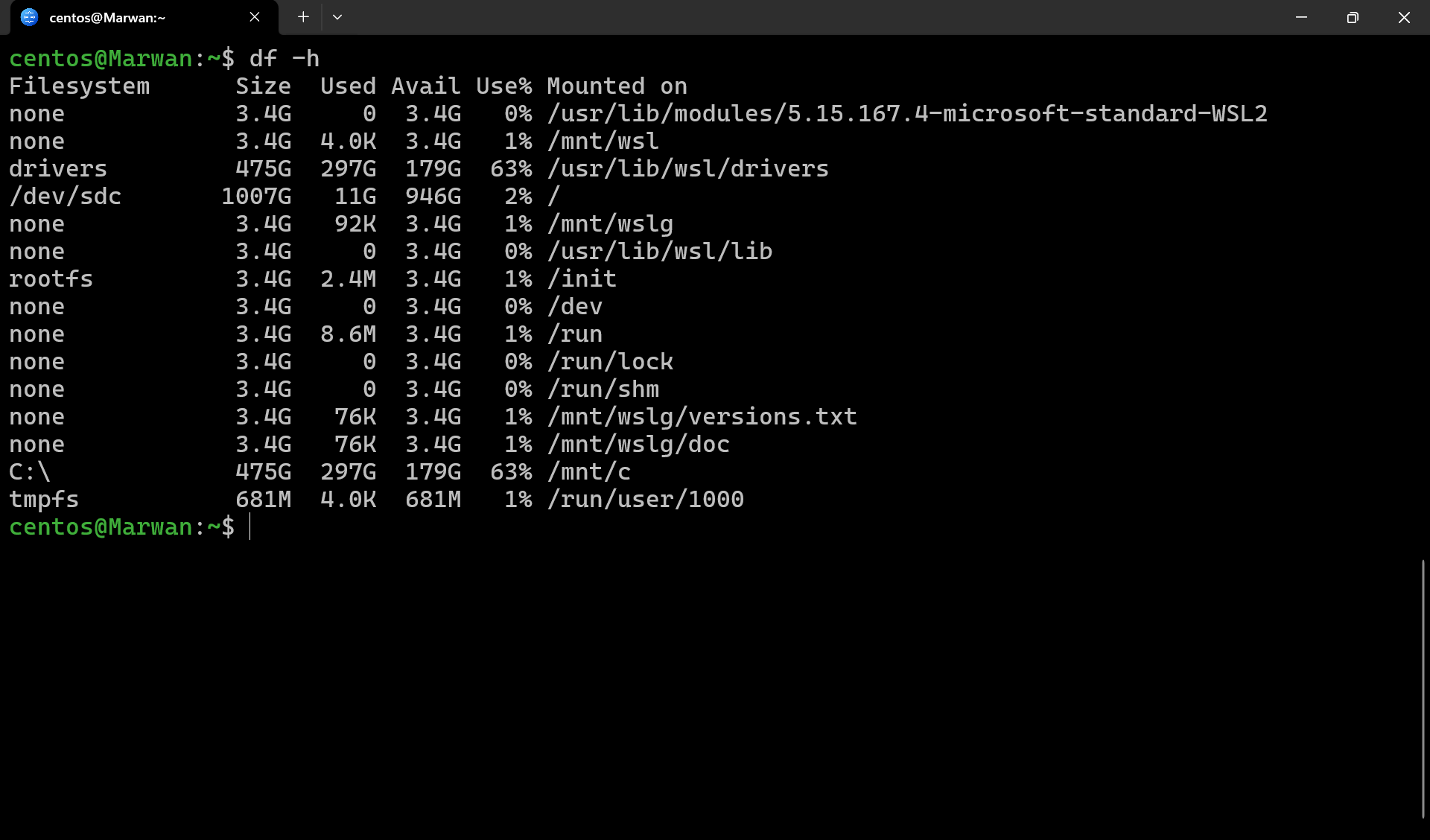 Terminal showing df -h output with filesystem sizes and mount points