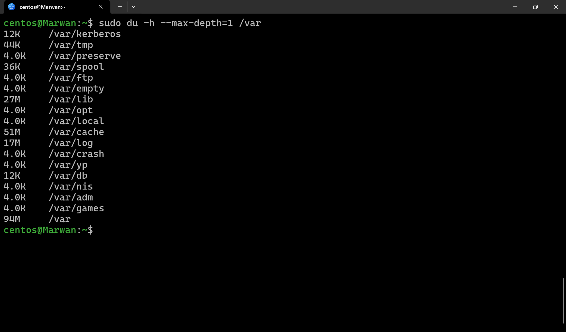 Terminal showing per-subdirectory usage breakdown of /var