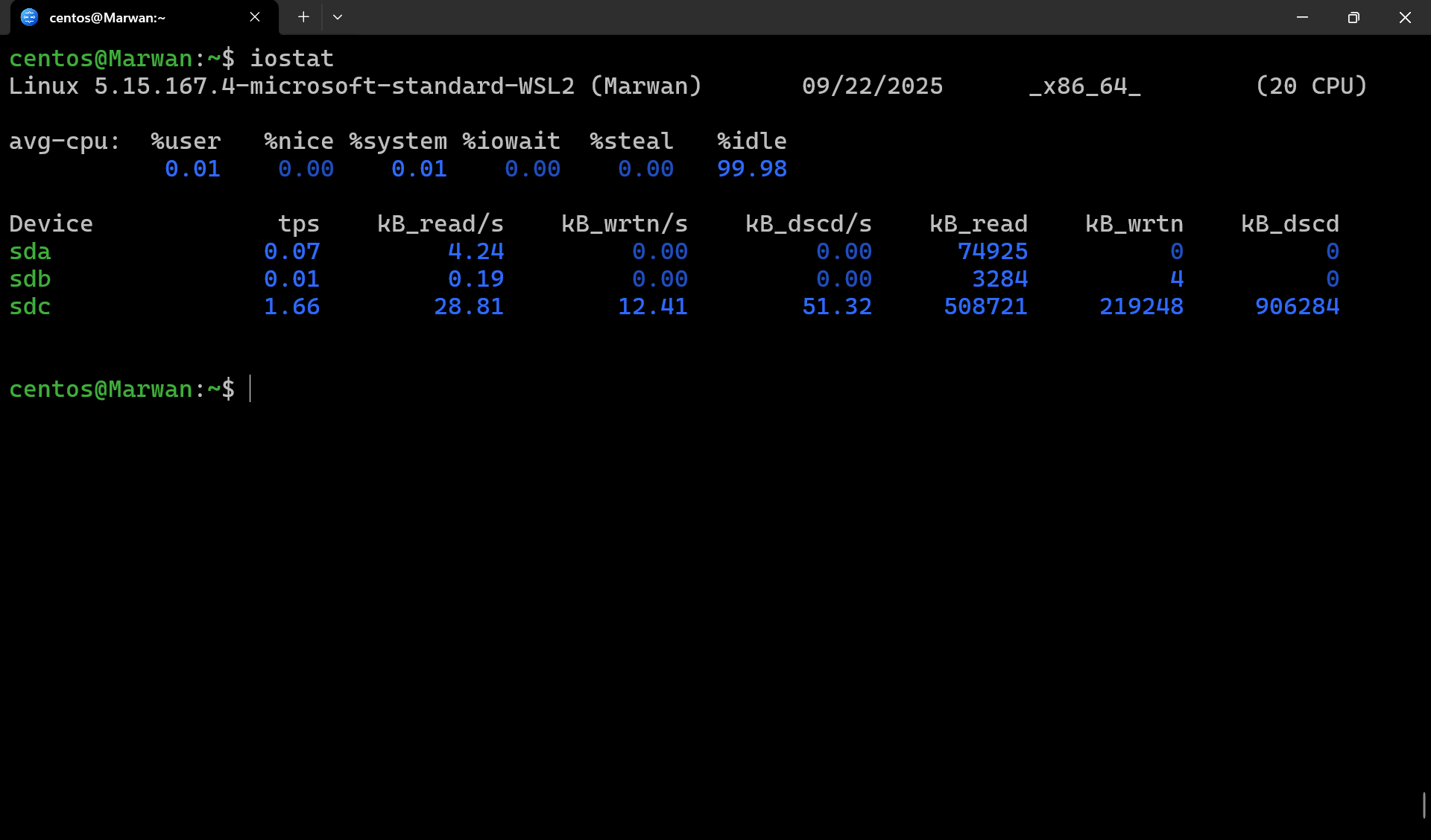 Terminal showing iostat CPU averages and I/O stats for sda, sdb, sdc