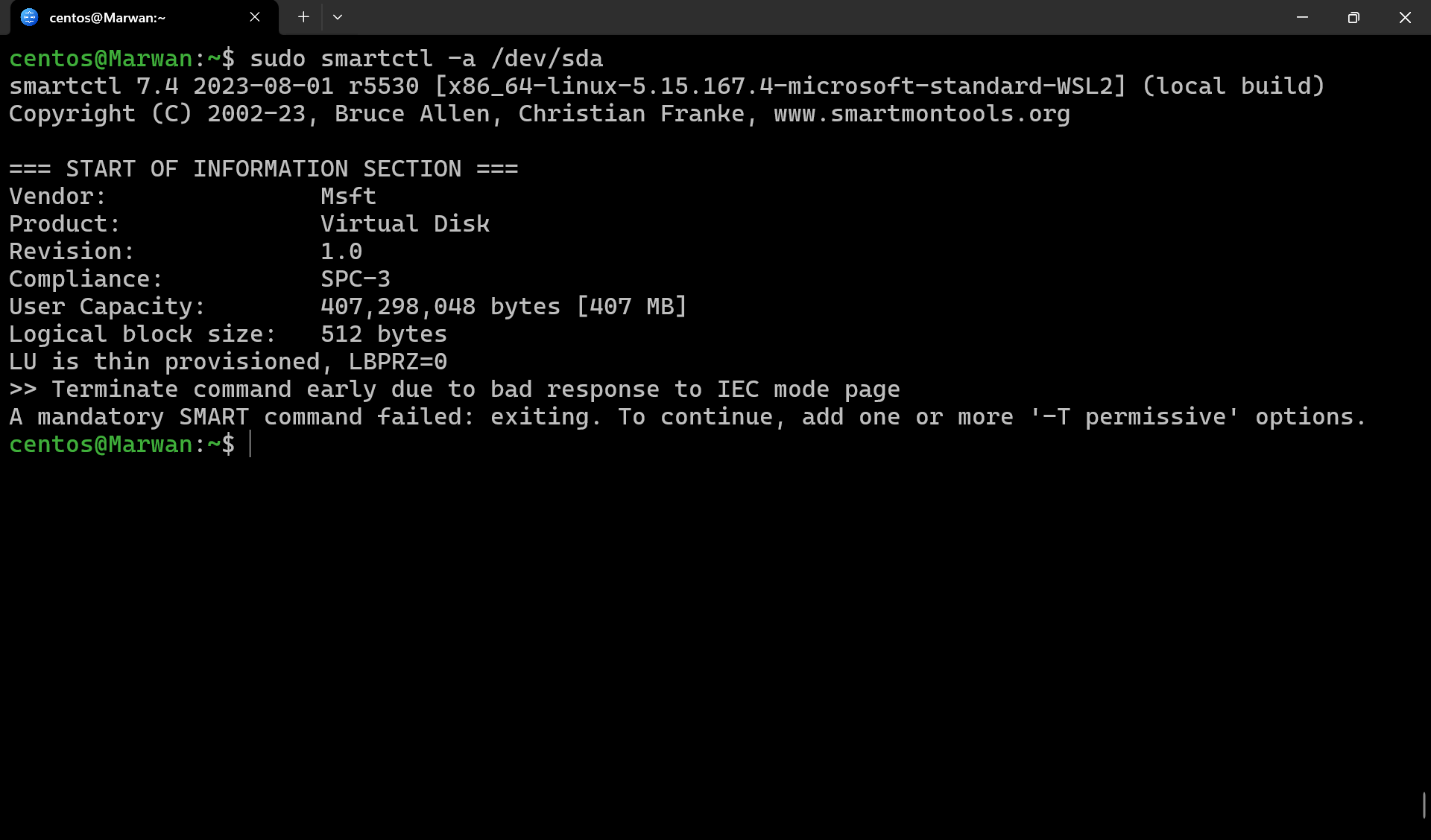 Terminal showing smartctl health info for virtual disk with SMART error