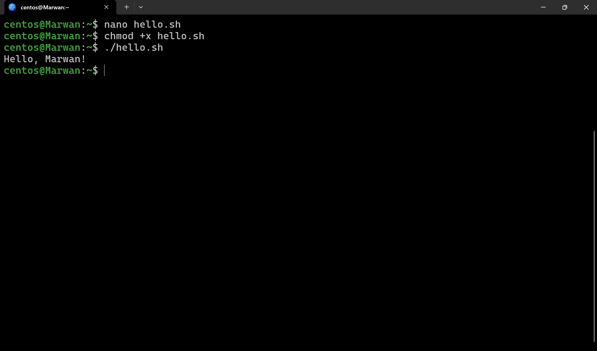 Terminal running variable script and printing Hello, Marwan!