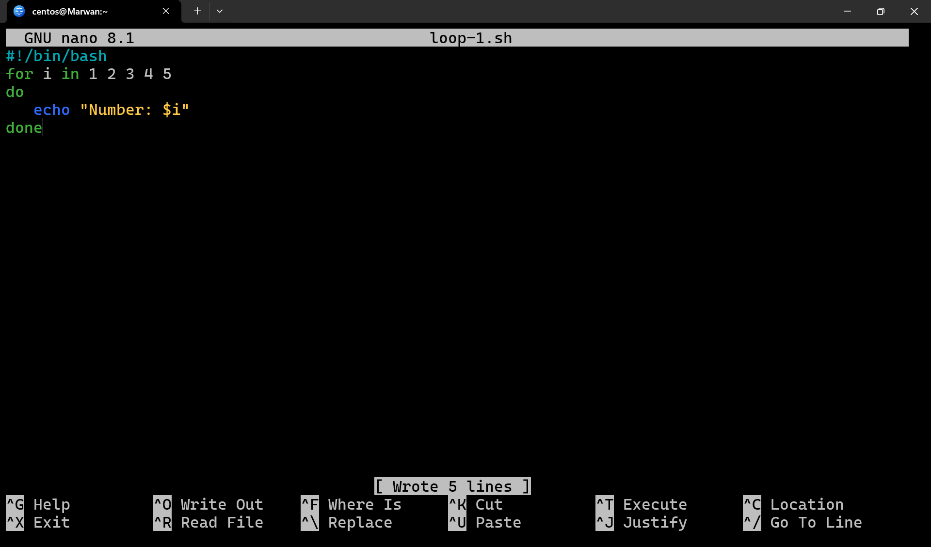 Nano editor showing for loop script printing numbers 1 through 5