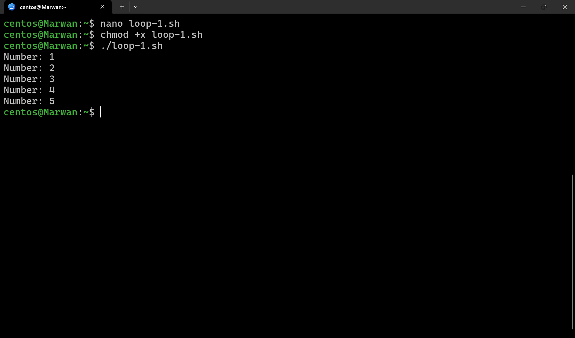 Terminal running for loop script and showing Number 1 to 5 output