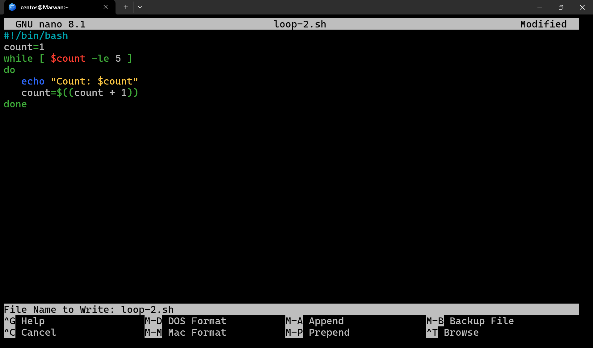Nano editor showing while loop script counting from 1 to 5