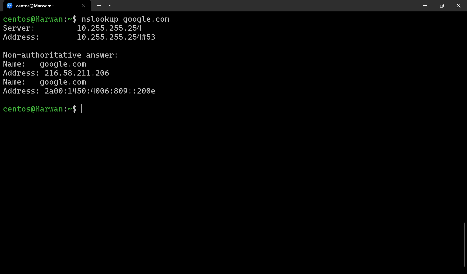 Terminal output of nslookup for google.com showing IPv4 and IPv6 addresses