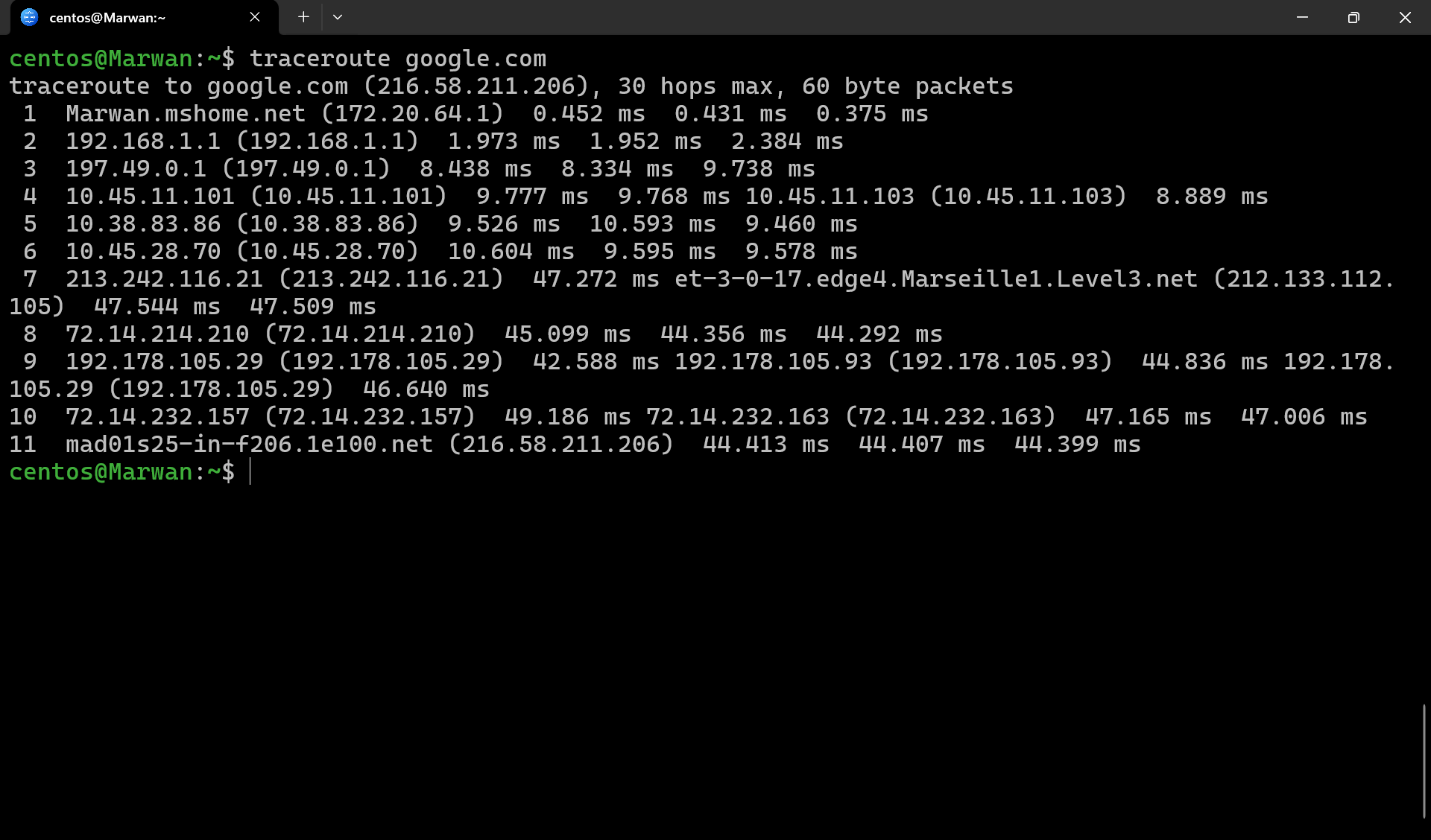 Terminal output of traceroute to google.com showing hops and latencies