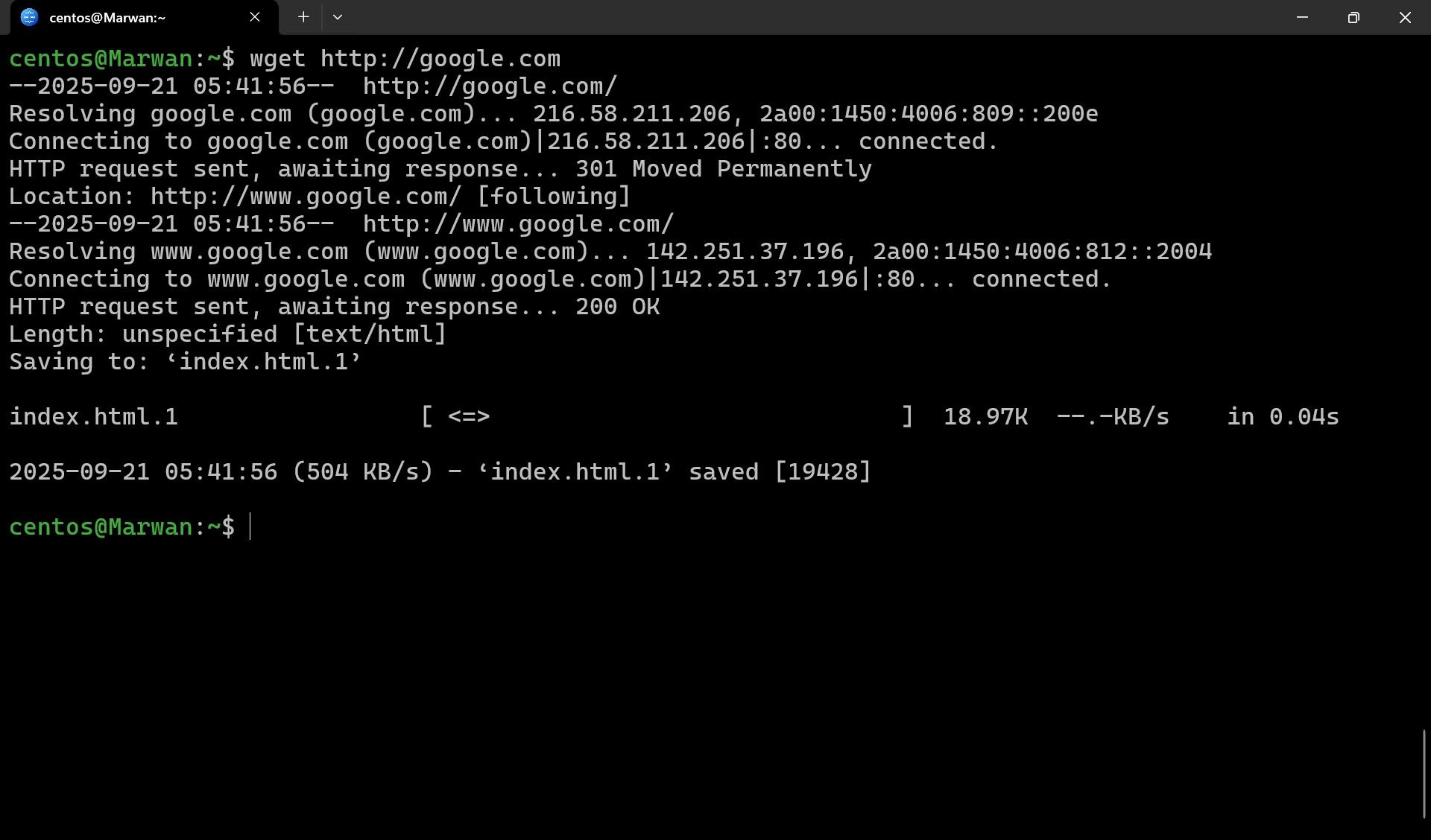 Terminal output of wget downloading google.com and saving index file