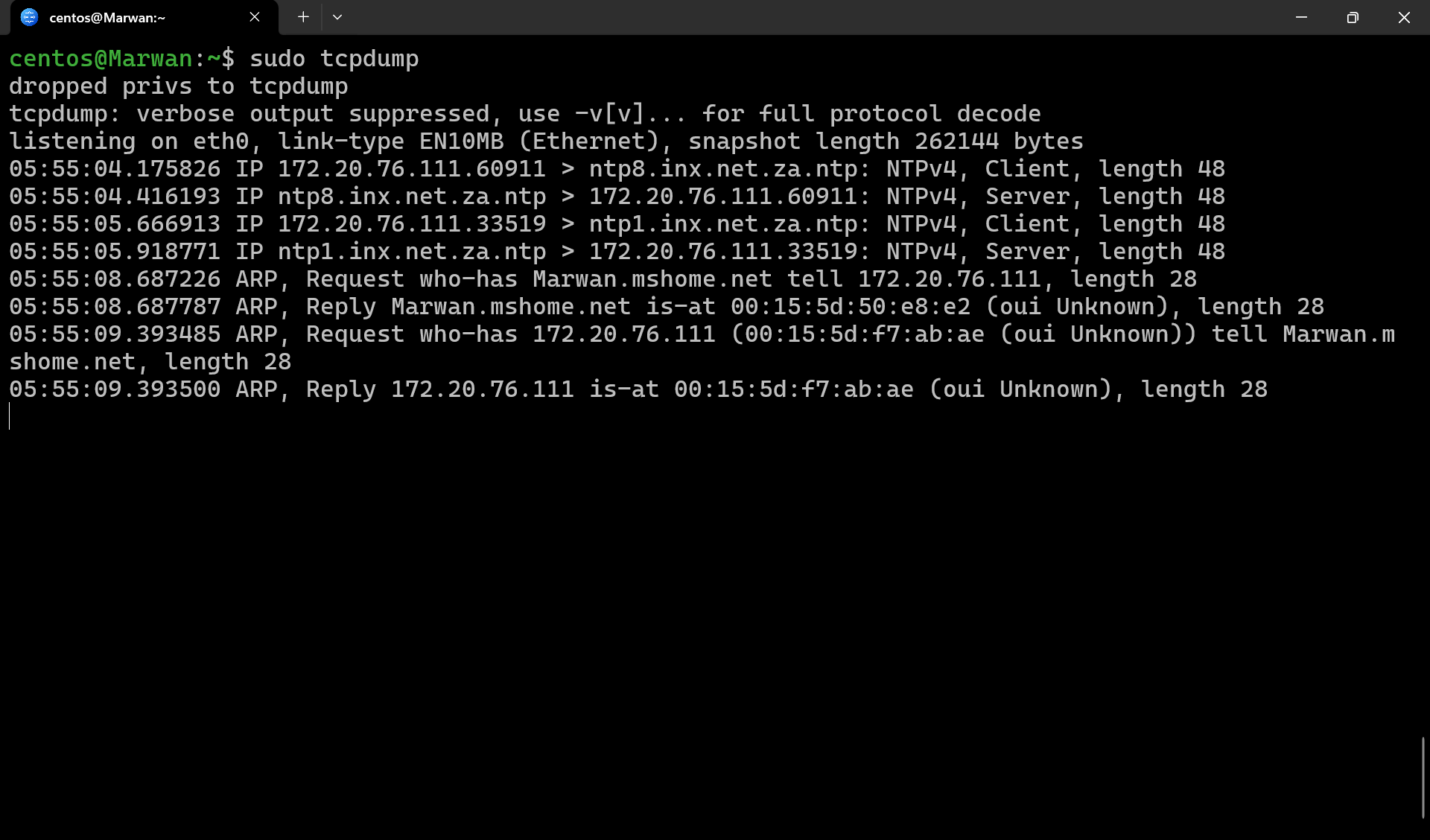 Terminal output of tcpdump capturing NTP and ARP packets on eth0
