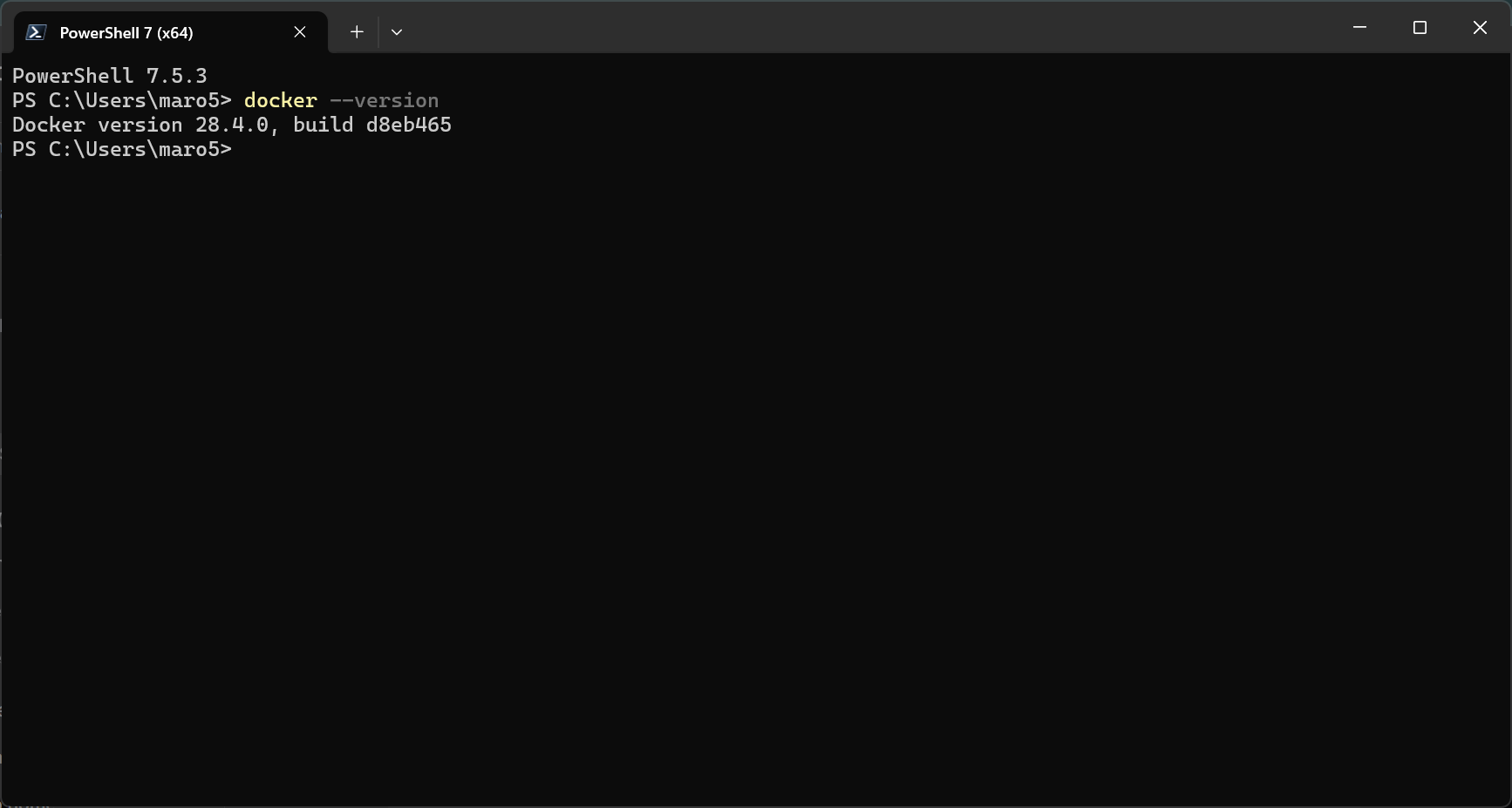 PowerShell terminal output confirming Docker version 28.4.0 is installed